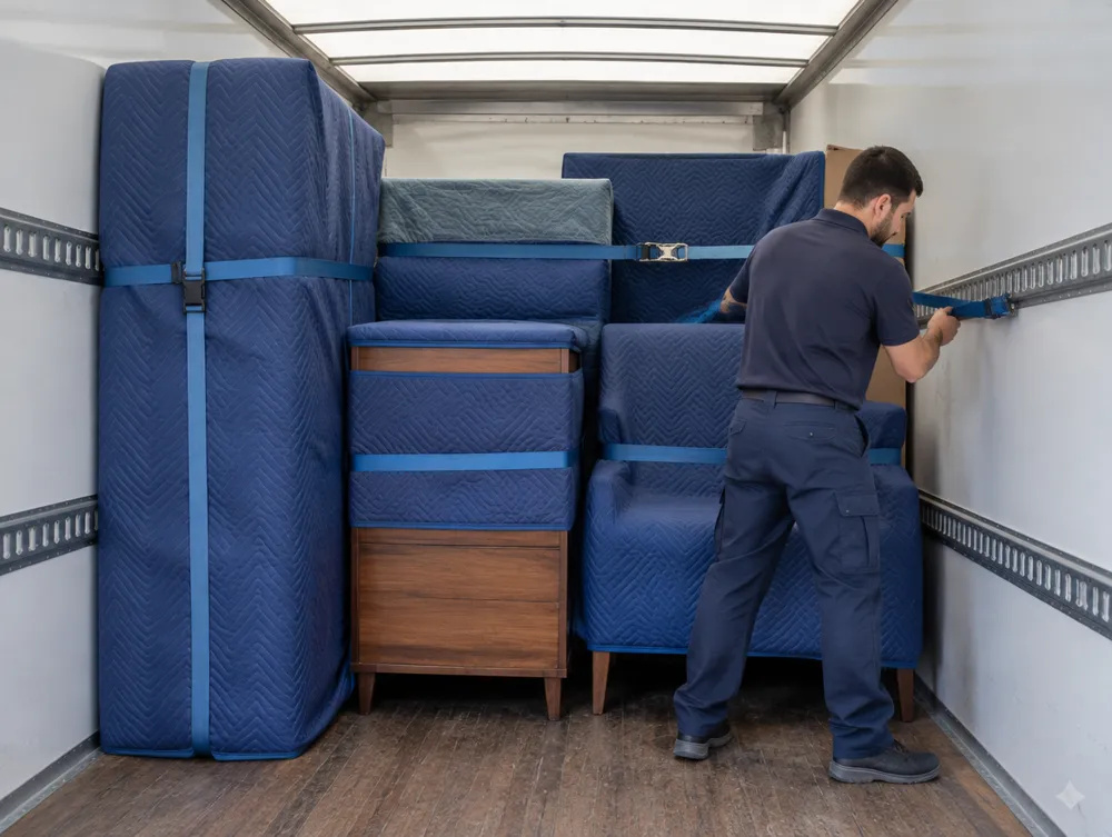 Furniture wrapped and secured inside a moving truck
